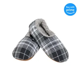 Black Plaid Mens Plush Lined Cozy Non Slip Indoor Soft Slippers - Medium