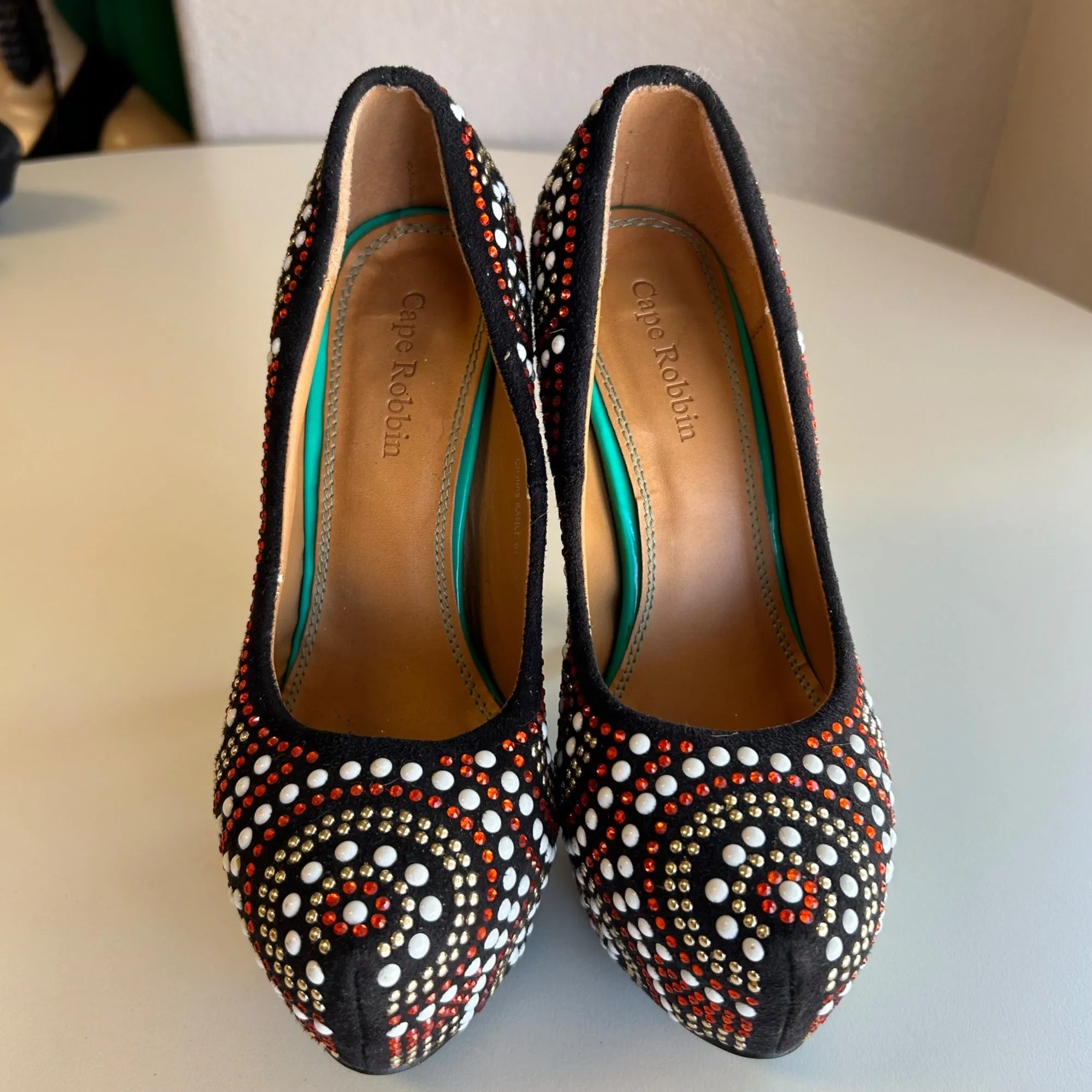 Cape Robbin Black & Multicolor Beaded Platform High Heels Women's Size 6.5