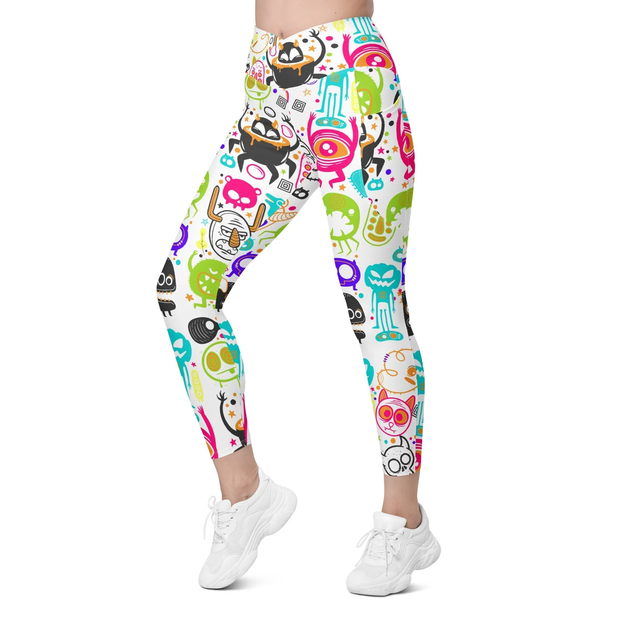 Colorful Doodles Crossover Leggings With Pockets