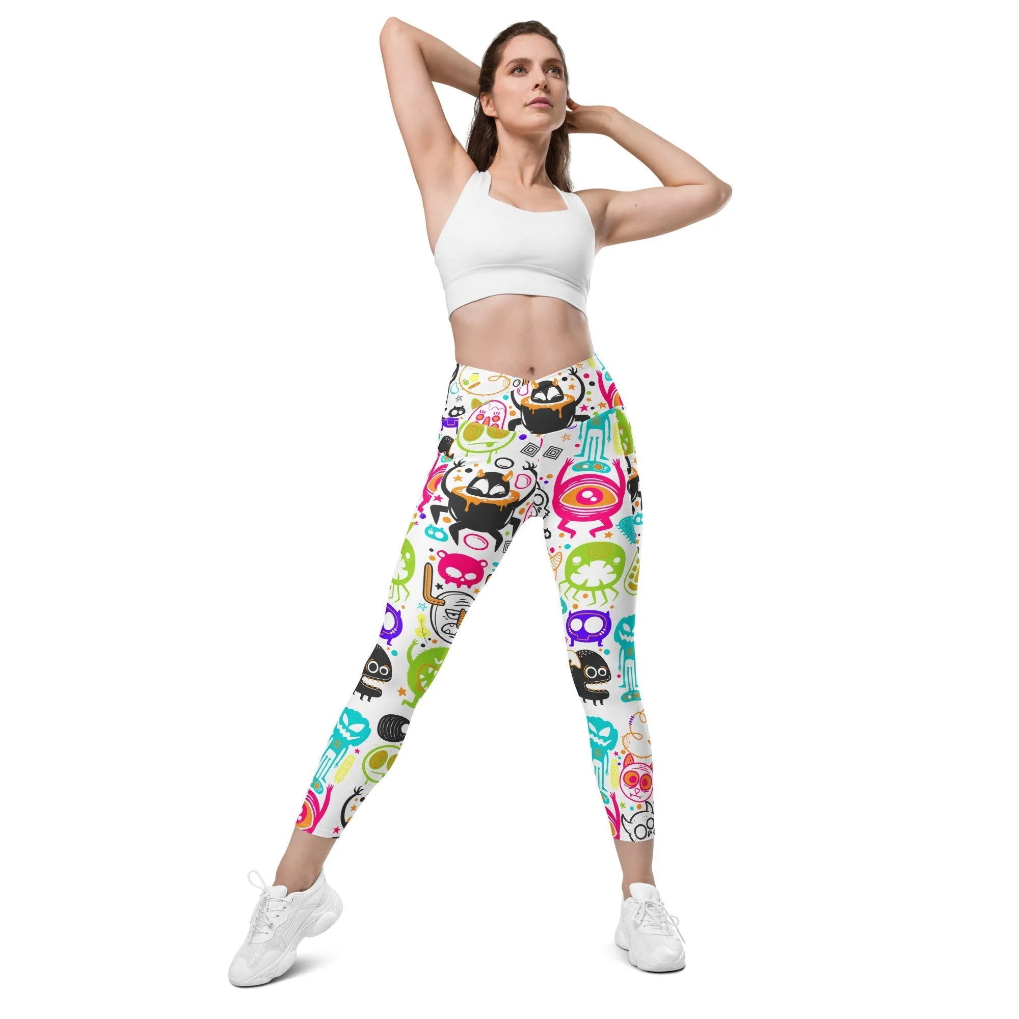 Colorful Doodles Crossover Leggings With Pockets