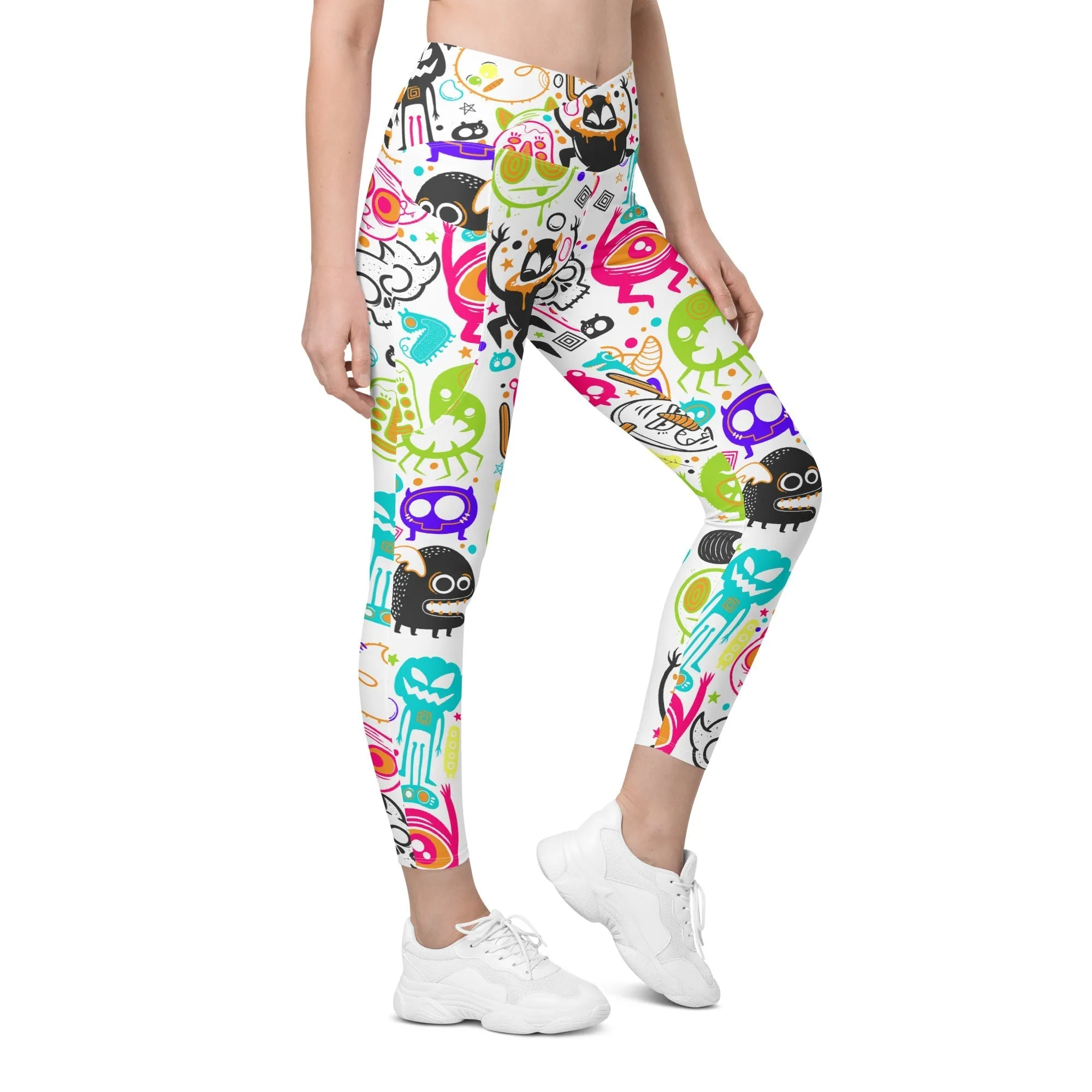 Colorful Doodles Crossover Leggings With Pockets