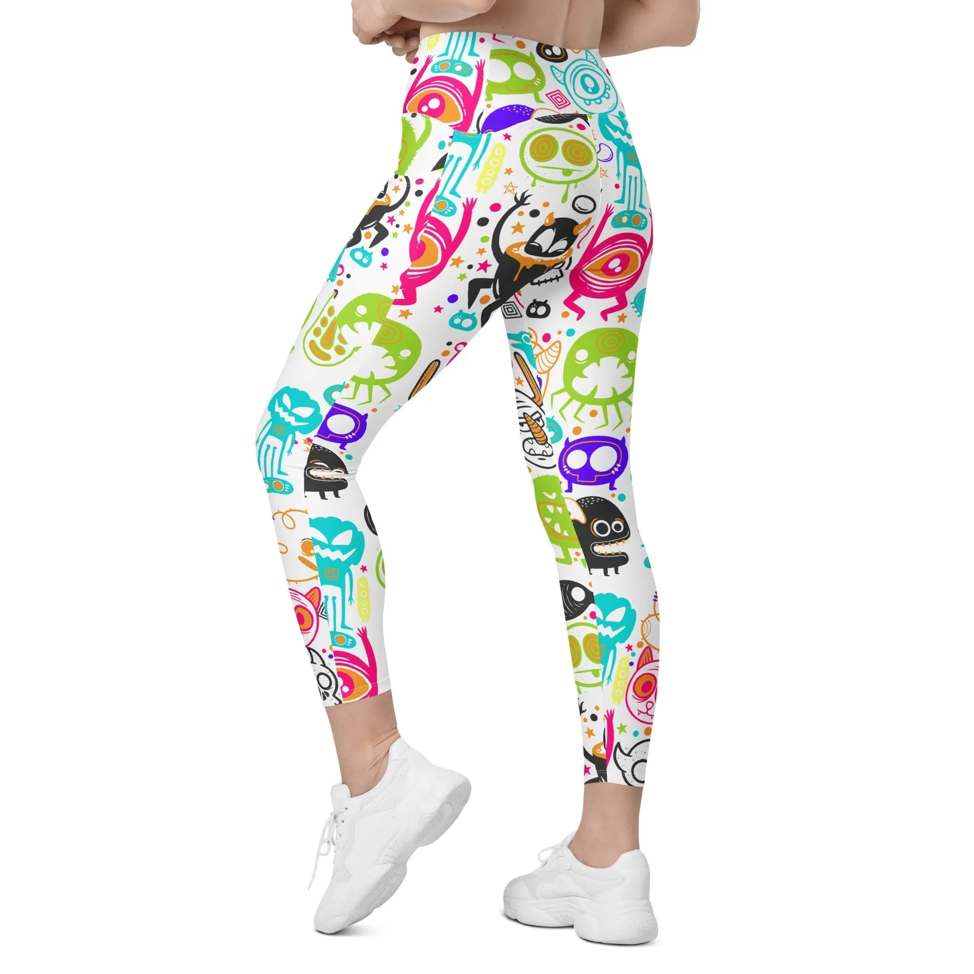 Colorful Doodles Crossover Leggings With Pockets