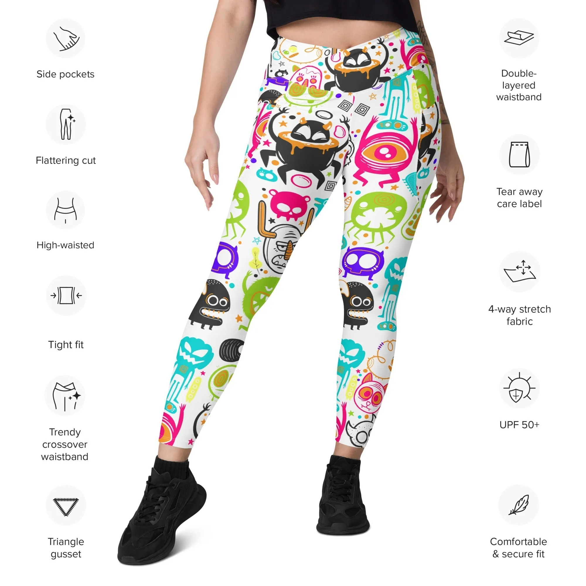 Colorful Doodles Crossover Leggings With Pockets