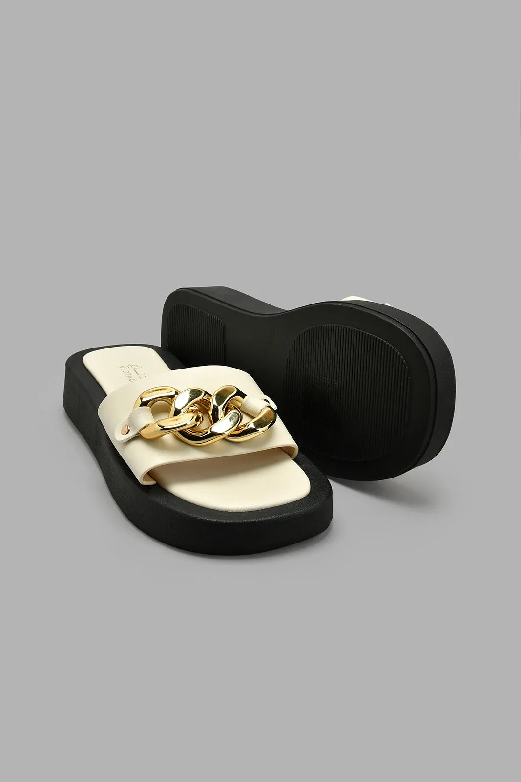 Cream And Black Chain Platform Sandal