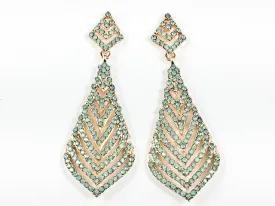 Fancy Layered Triangular  Design Pattern Teal Crystal Gold Tone Dangle Fashion Earrings
