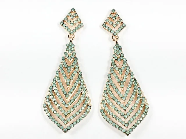 Fancy Layered Triangular  Design Pattern Teal Crystal Gold Tone Dangle Fashion Earrings