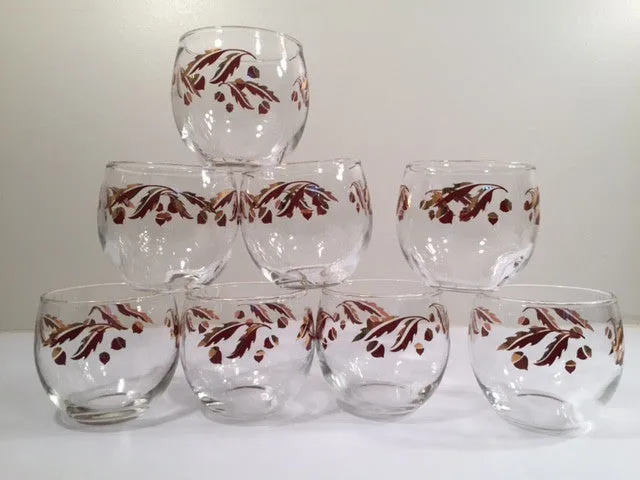 Federal Glass Mid-Century 22-Karat Gold Acorn Roly-Poly Set (Set of 8 Glasses)