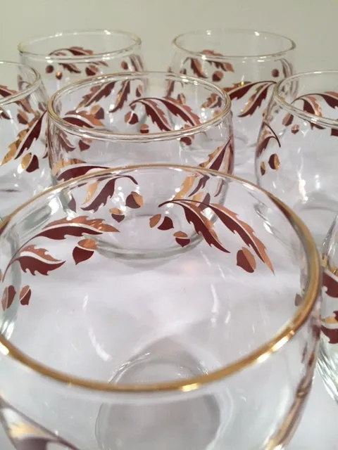 Federal Glass Mid-Century 22-Karat Gold Acorn Roly-Poly Set (Set of 8 Glasses)