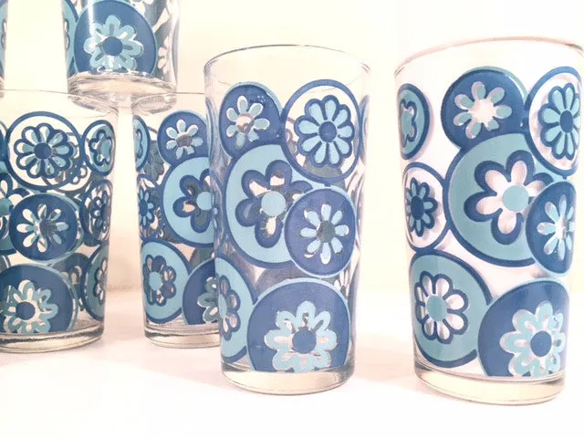 Hazel Atlas Mid-Century Hazelware Blue Flower Power Glasses (Set of 8)