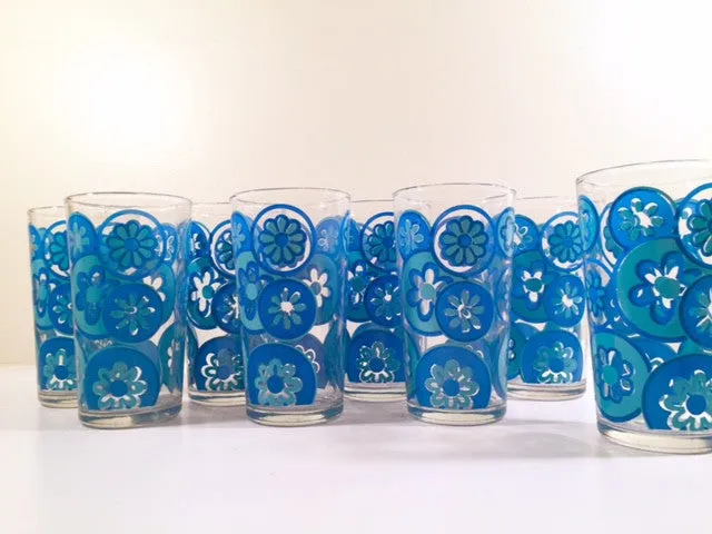 Hazel Atlas Mid-Century Hazelware Blue Flower Power Glasses (Set of 8)