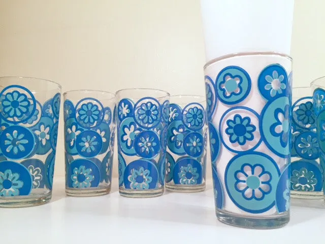 Hazel Atlas Mid-Century Hazelware Blue Flower Power Glasses (Set of 8)