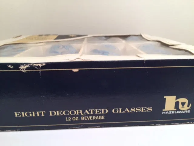 Hazel Atlas Mid-Century Hazelware Blue Flower Power Glasses (Set of 8)