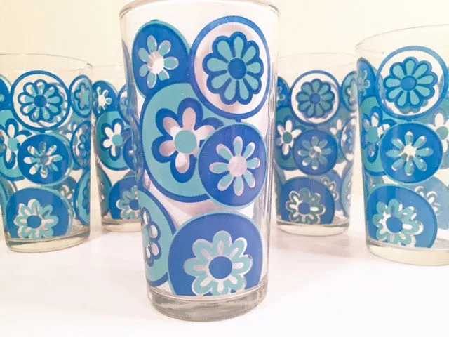 Hazel Atlas Mid-Century Hazelware Blue Flower Power Glasses (Set of 8)