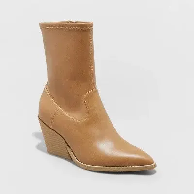 New - Universal Thread Women's Mid Calf Chunky Heel Boots Leather Memory Foam Insole