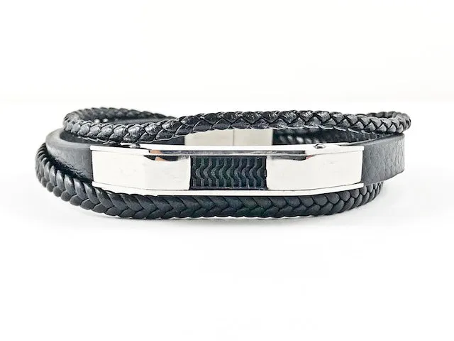 Nice Layered Multi String Black Leather & Rope Men's Steel Bracelet