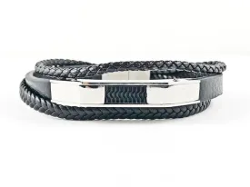 Nice Layered Multi String Black Leather & Rope Men's Steel Bracelet