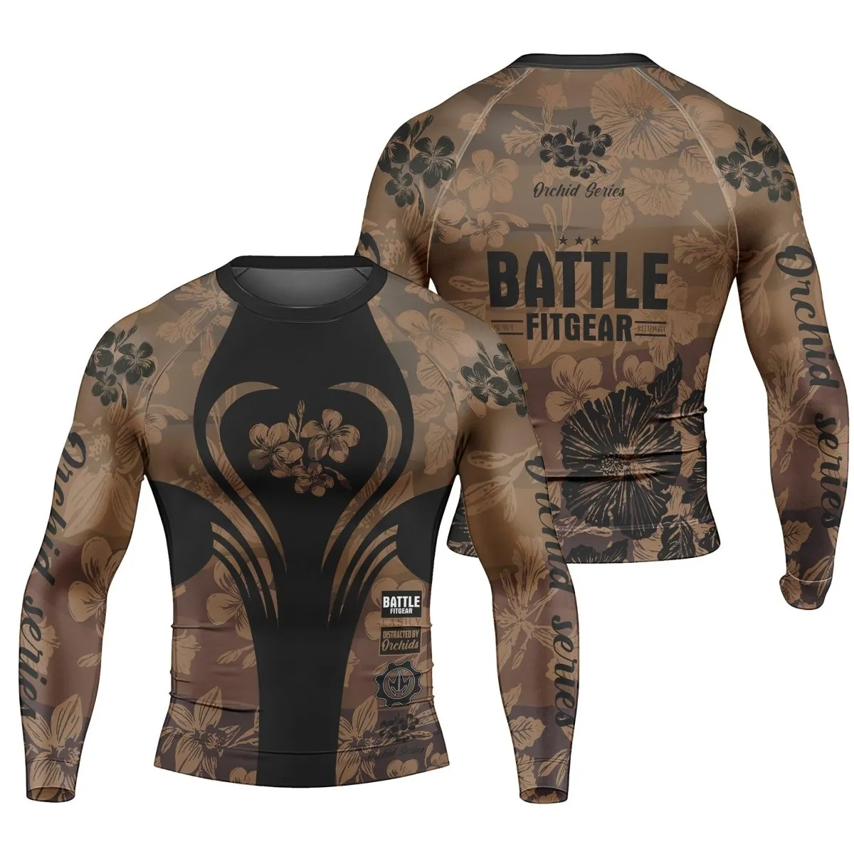 Orchid Series Floral Brown Heart Pattern Men's Long Sleeve Rash Guard