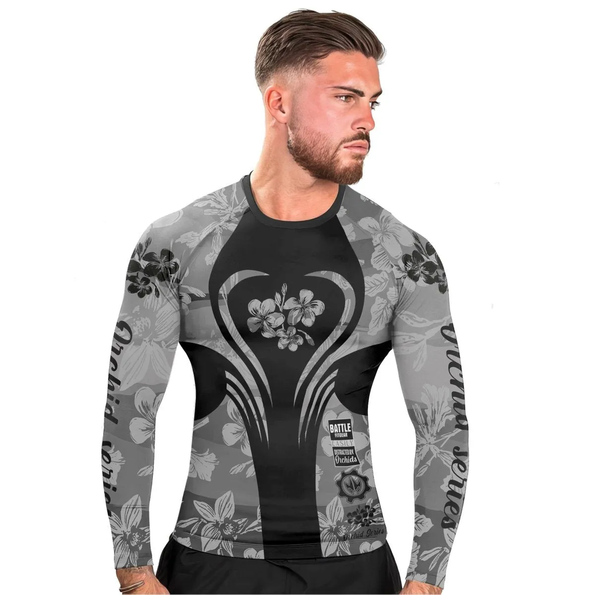 Orchid Series Floral Grey Heart Pattern Men's Long Sleeve Rash Guard