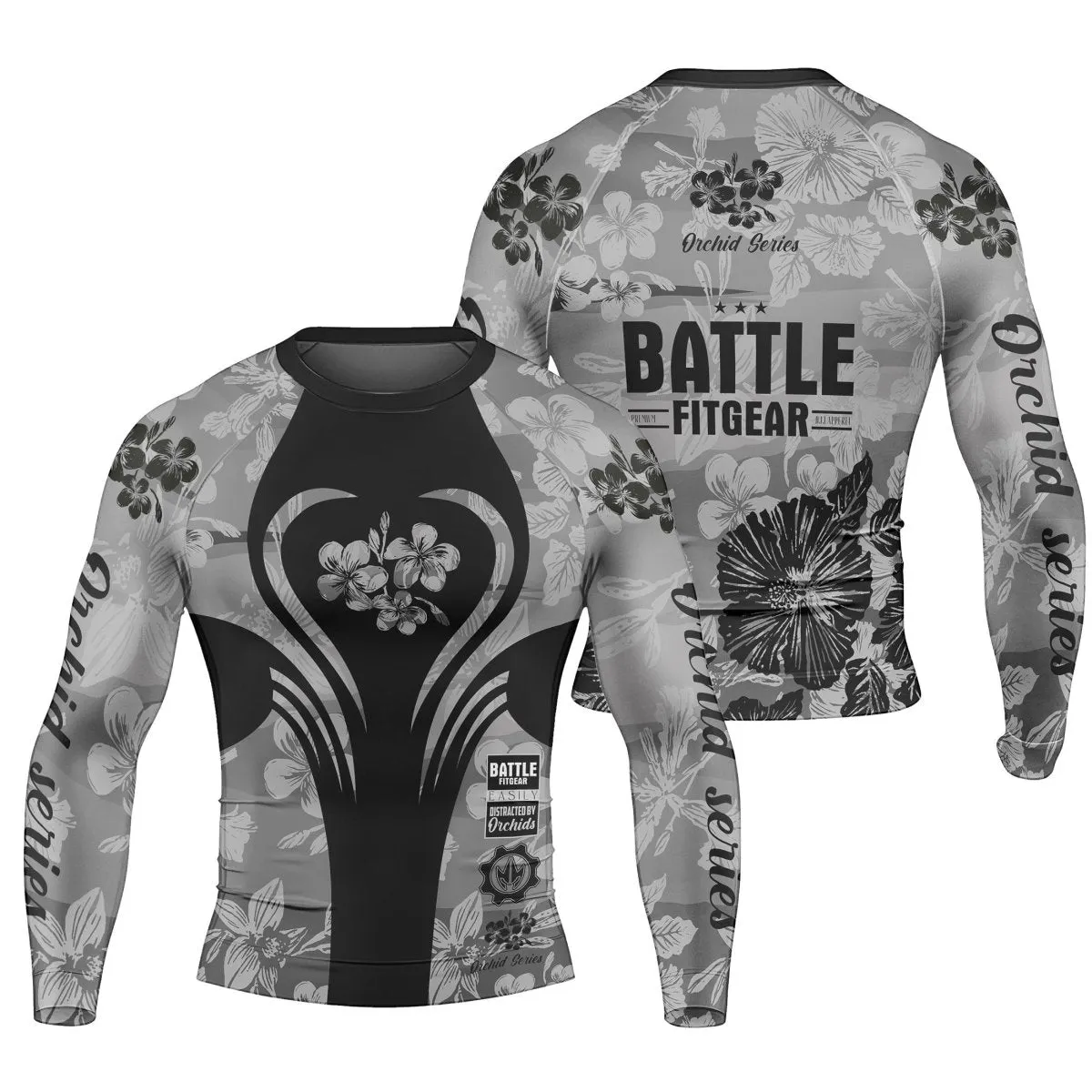 Orchid Series Floral Grey Heart Pattern Men's Long Sleeve Rash Guard