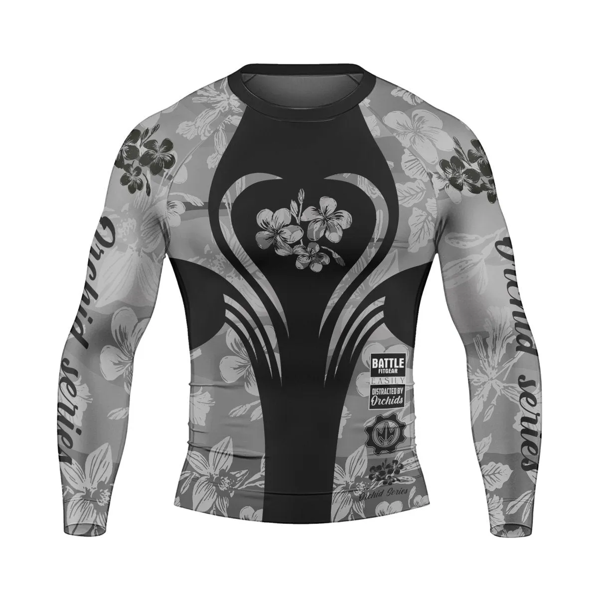 Orchid Series Floral Grey Heart Pattern Men's Long Sleeve Rash Guard