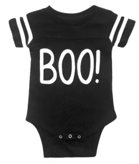 Roman & Leo - BOO! Halloween Onesie in Black with White Stripes
