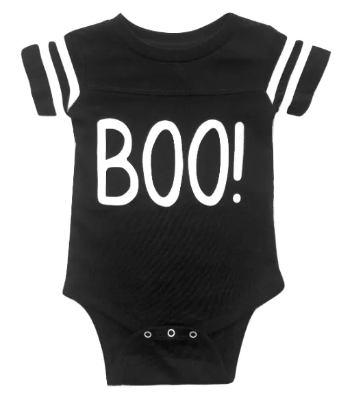 Roman & Leo - BOO! Halloween Onesie in Black with White Stripes