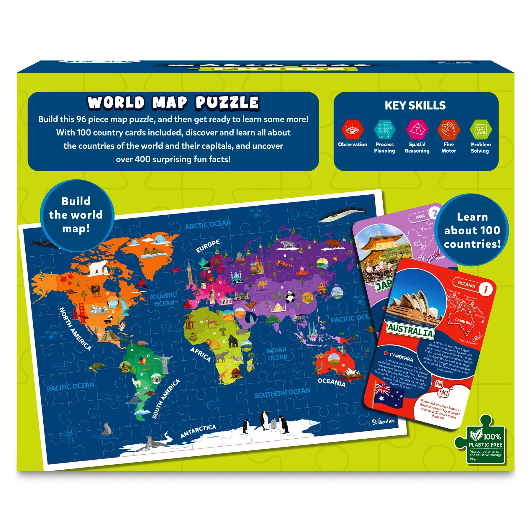 Skillmatics World Map Puzzle - 96 Piece Jigsaw Puzzle, Educational Toy For Learning 400  Facts About 100 Countries, Gifts For Ages 6 To 12