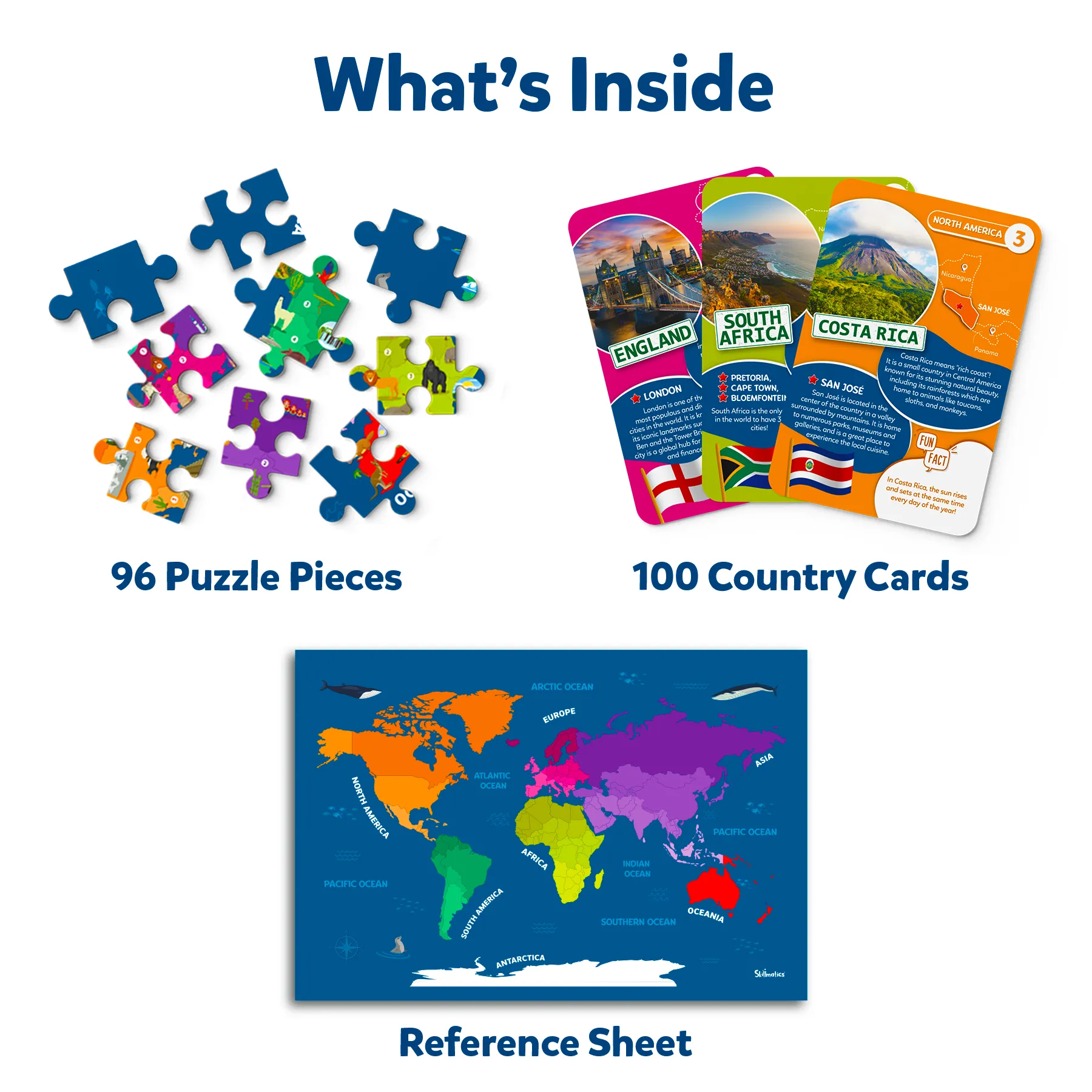 Skillmatics World Map Puzzle - 96 Piece Jigsaw Puzzle, Educational Toy For Learning 400  Facts About 100 Countries, Gifts For Ages 6 To 12