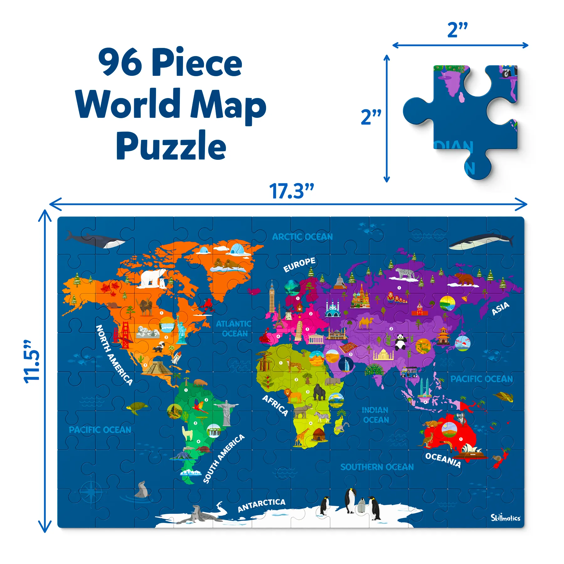 Skillmatics World Map Puzzle - 96 Piece Jigsaw Puzzle, Educational Toy For Learning 400  Facts About 100 Countries, Gifts For Ages 6 To 12