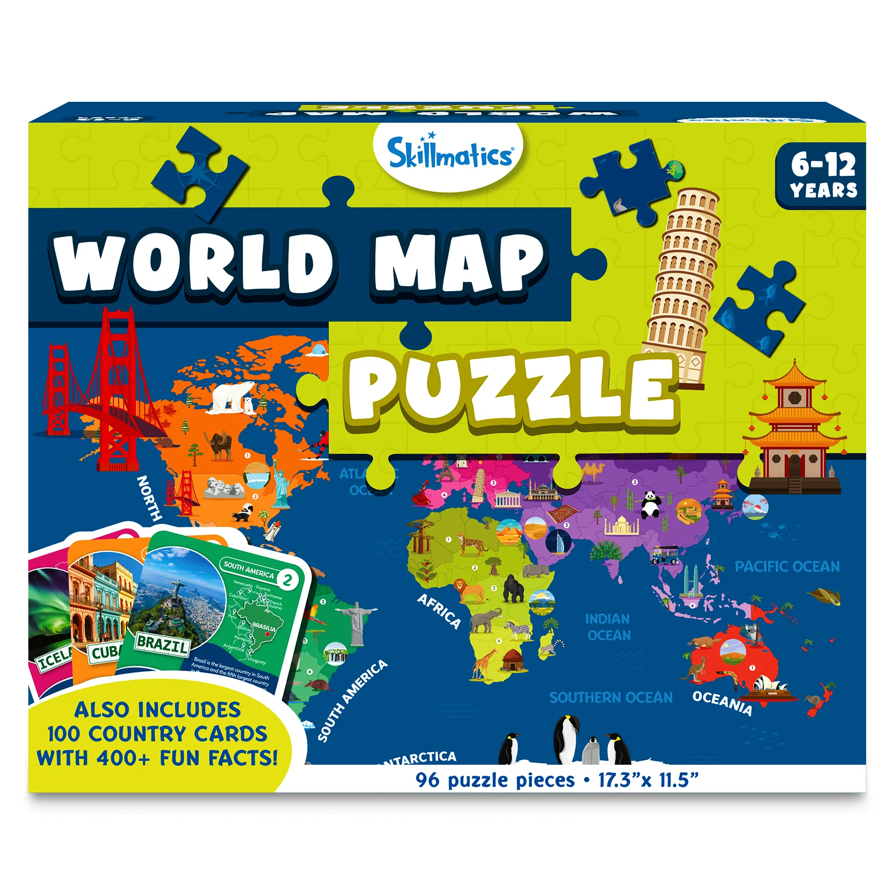 Skillmatics World Map Puzzle - 96 Piece Jigsaw Puzzle, Educational Toy For Learning 400  Facts About 100 Countries, Gifts For Ages 6 To 12