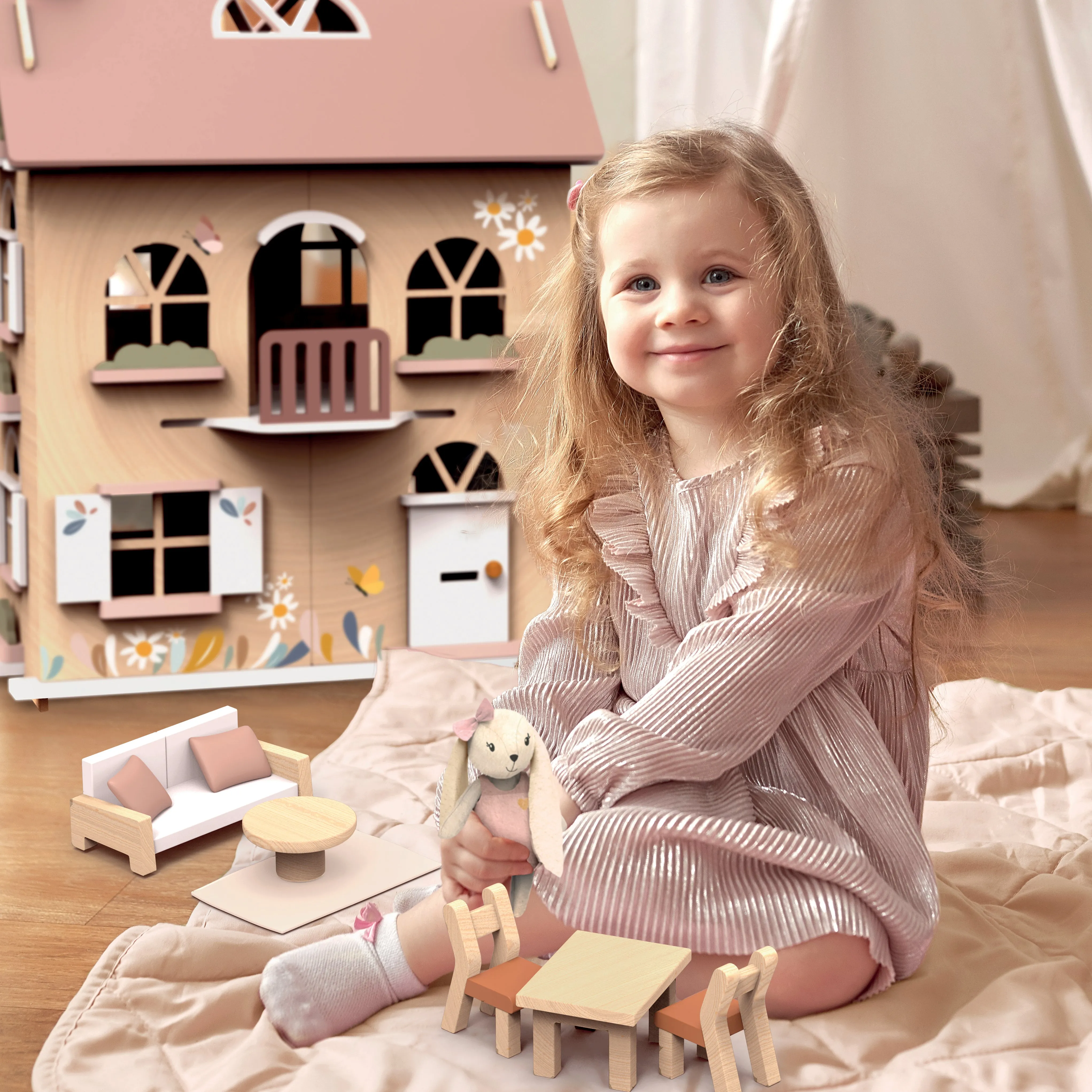 Speedy Monkey - Flower Cottage Dolls House with Starter Furniture Set