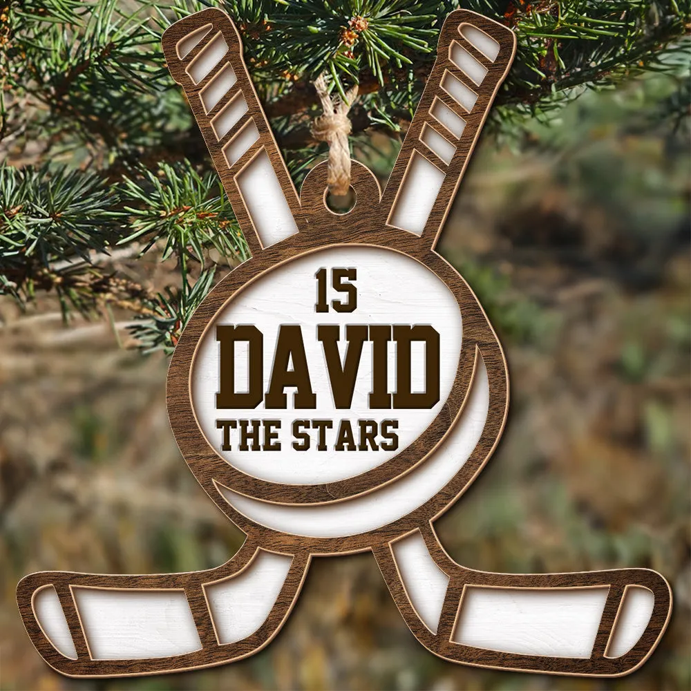 Teesdily | Customized Hockey Ornament, Hockey Player Puck And Sticks 2 Layered Wood Ornament Christmas, Game Tournament Xmas Gift