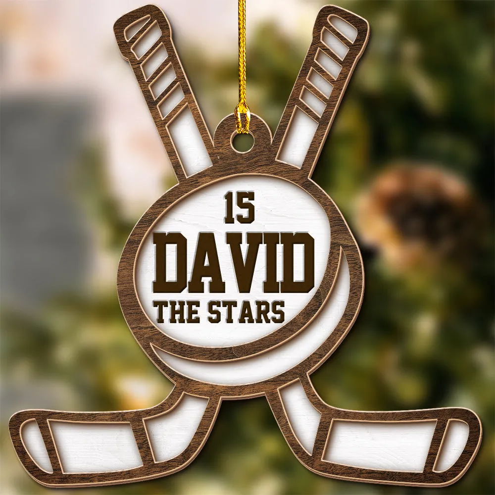 Teesdily | Customized Hockey Ornament, Hockey Player Puck And Sticks 2 Layered Wood Ornament Christmas, Game Tournament Xmas Gift