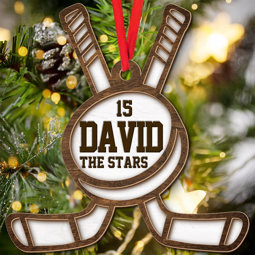 Teesdily | Customized Hockey Ornament, Hockey Player Puck And Sticks 2 Layered Wood Ornament Christmas, Game Tournament Xmas Gift