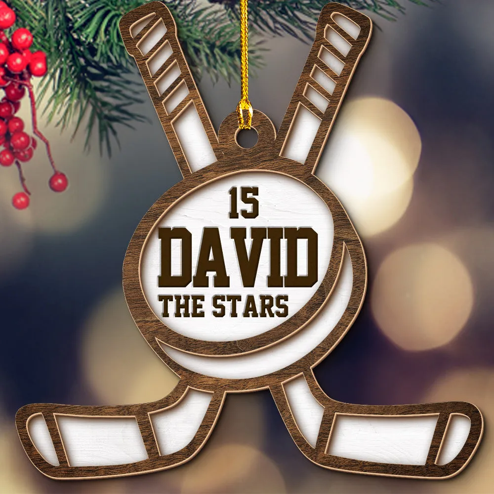 Teesdily | Customized Hockey Ornament, Hockey Player Puck And Sticks 2 Layered Wood Ornament Christmas, Game Tournament Xmas Gift