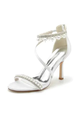 Wedding Shoes Satin High Heel Pearl Rhinestone Tassel Open Toe Sandals Wedding Party Shoes