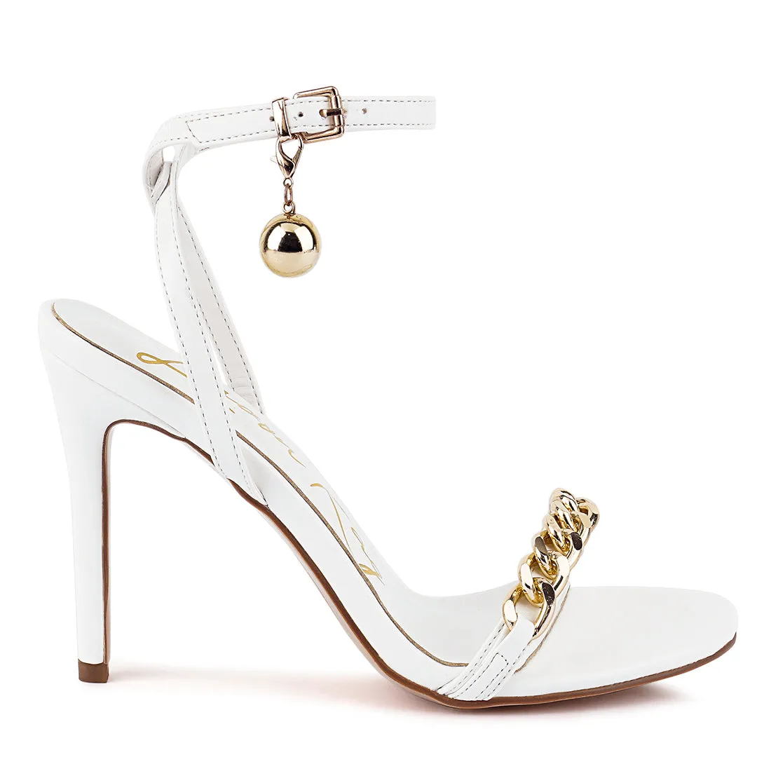 White High Heeled Metal Chain Strap Sandal