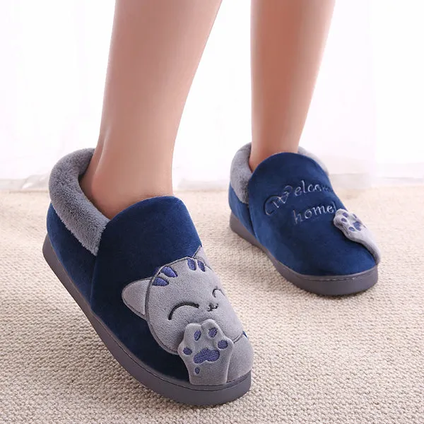 Women Winter Home Slippers Cartoon Cat Shoes Non-slip Soft Winter Warm House Slippers Indoor Bedroom Lovers Couples Floor Shoes