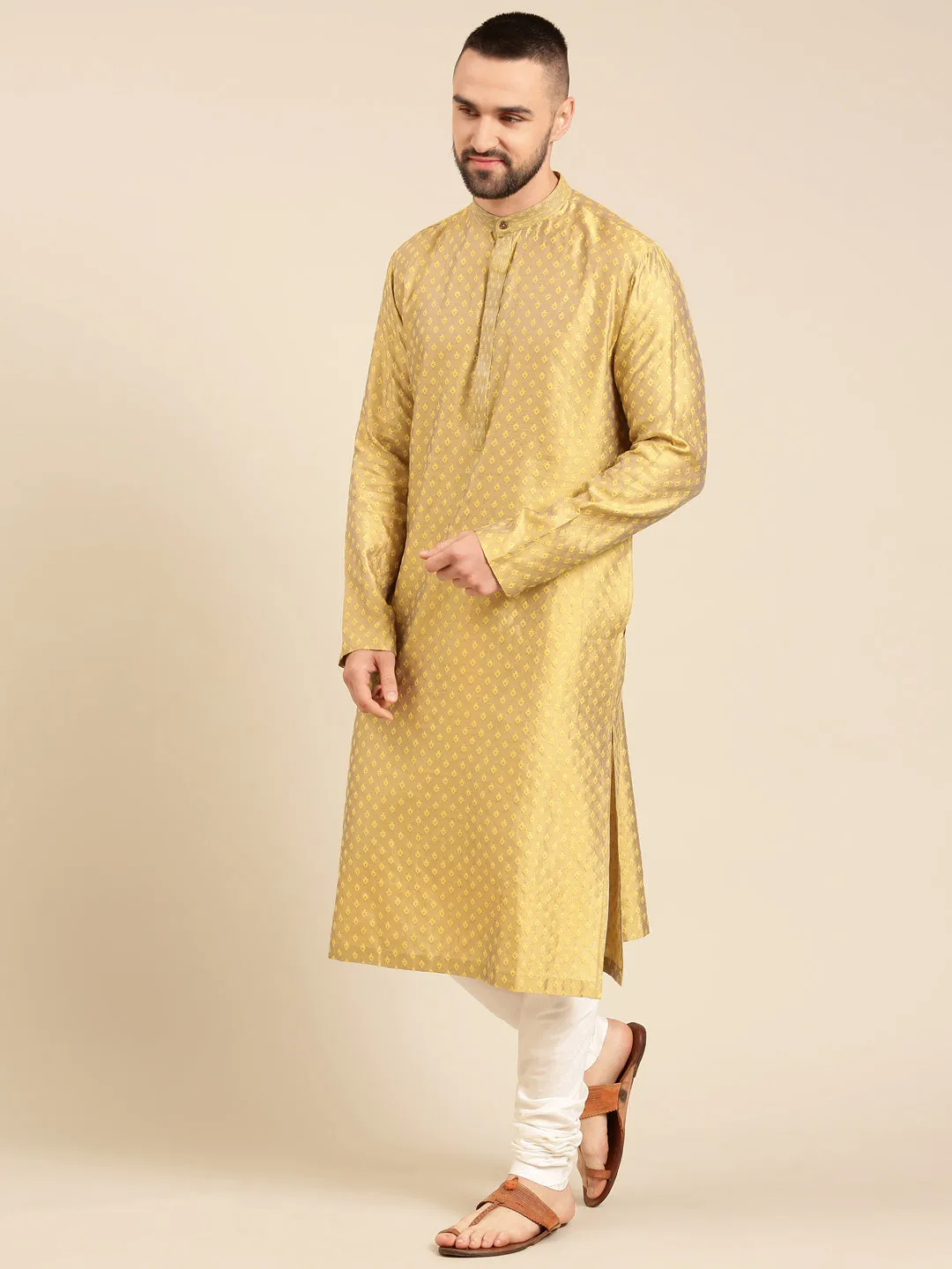 Yellow Cotton Silk Jacquard  Kurta Set - MMK0574