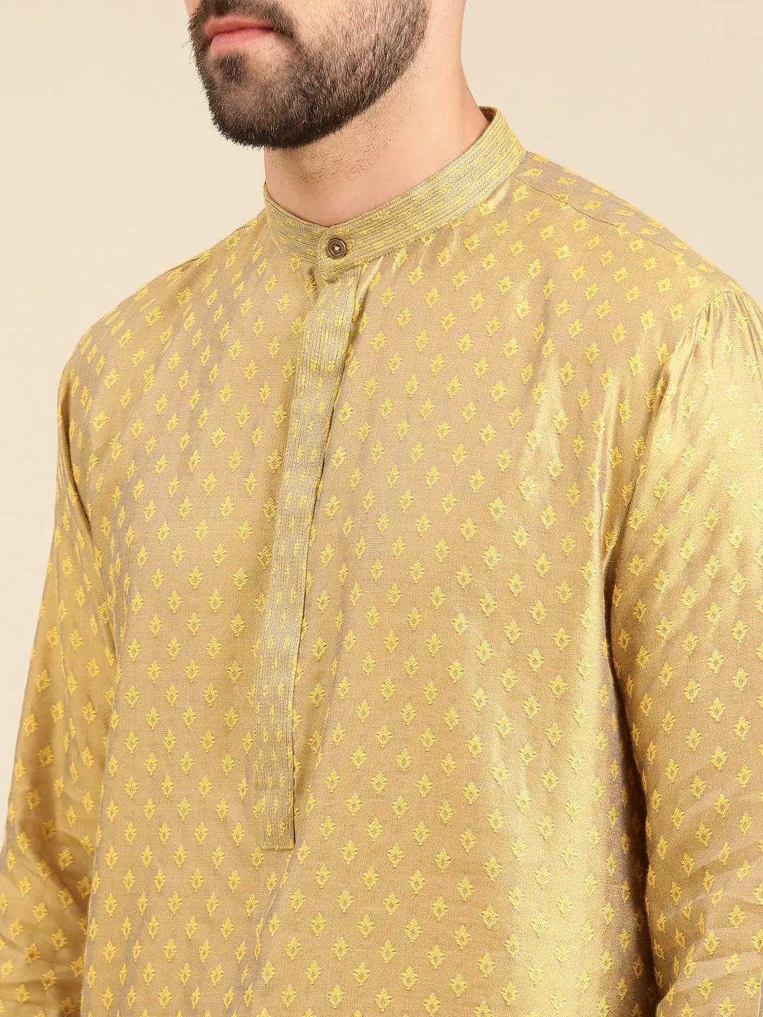 Yellow Cotton Silk Jacquard  Kurta Set - MMK0574